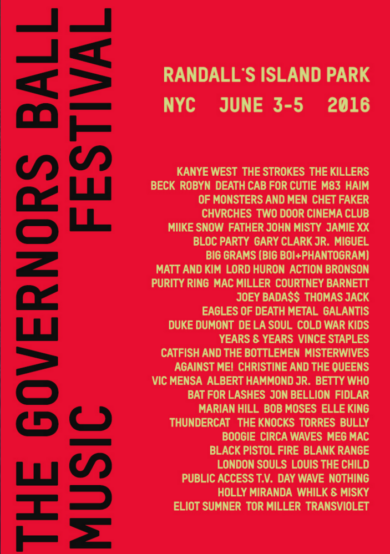 Lineup del The Governors Ball 2016
